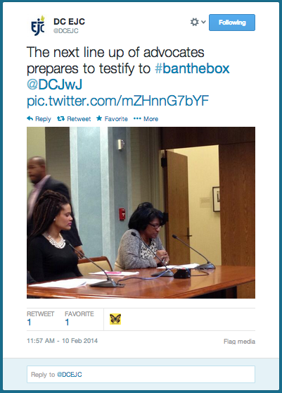 DC EJC tweets a photo of Nikki testifying at the Ban the Box hearing.